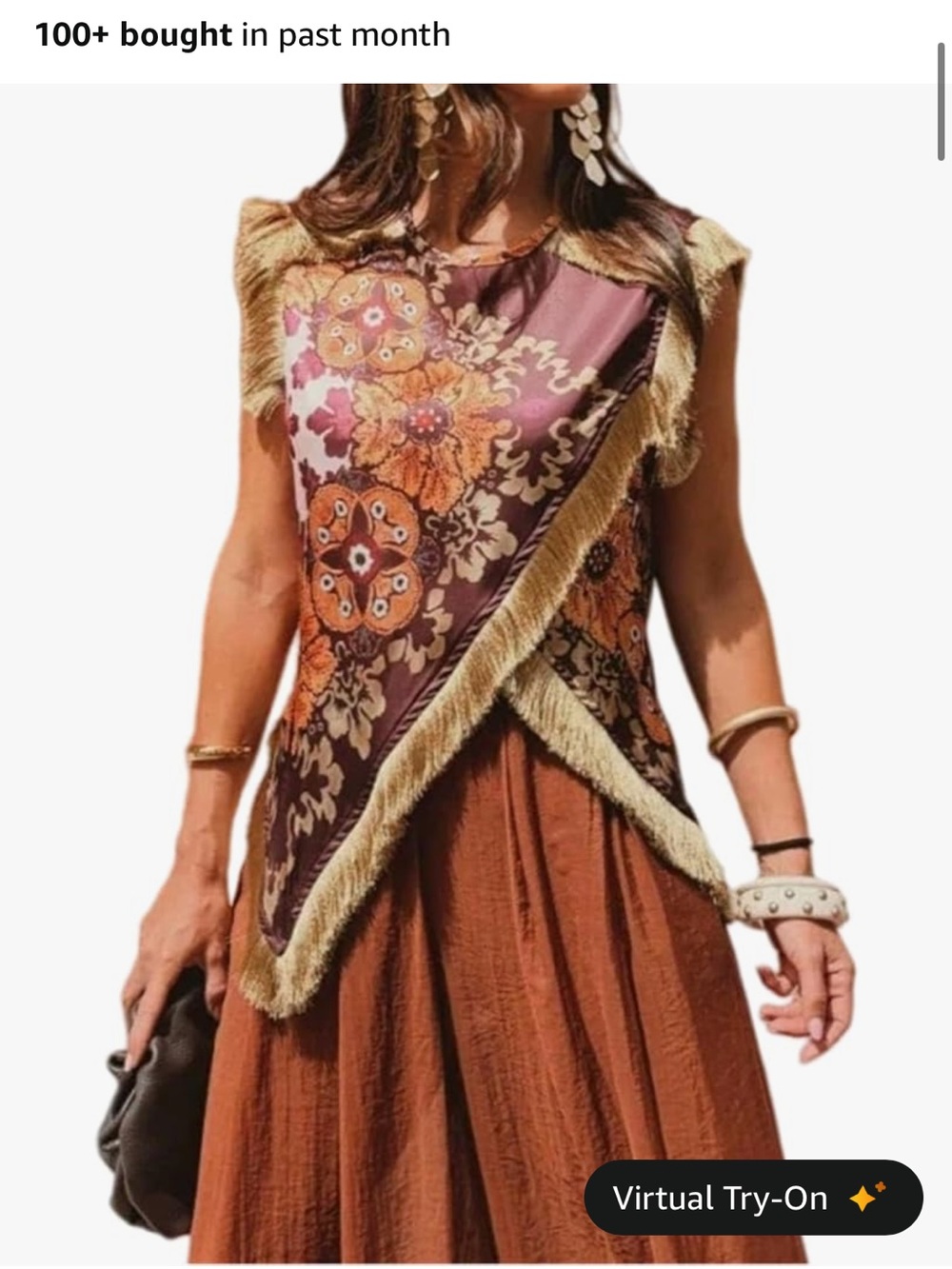 New Floral Fringe Tassel Asymmetric Top in Brown and Rust